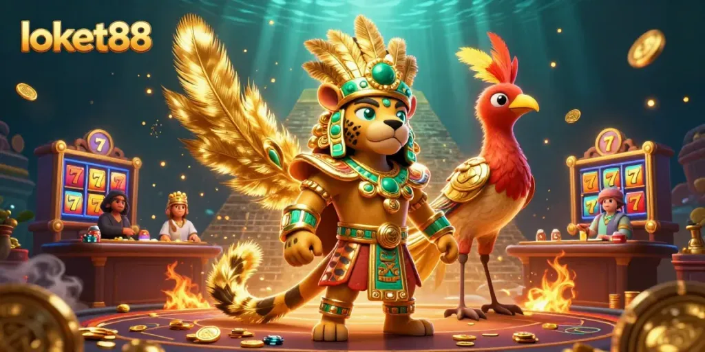 Experience winning with loket88 in a vibrant 3D casino scene featuring jackpot slots and rich visuals.