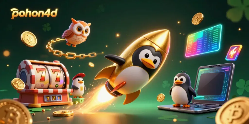 Experience thrilling gaming action with pohon4d's vibrant digital illustration featuring a penguin and casino elements.