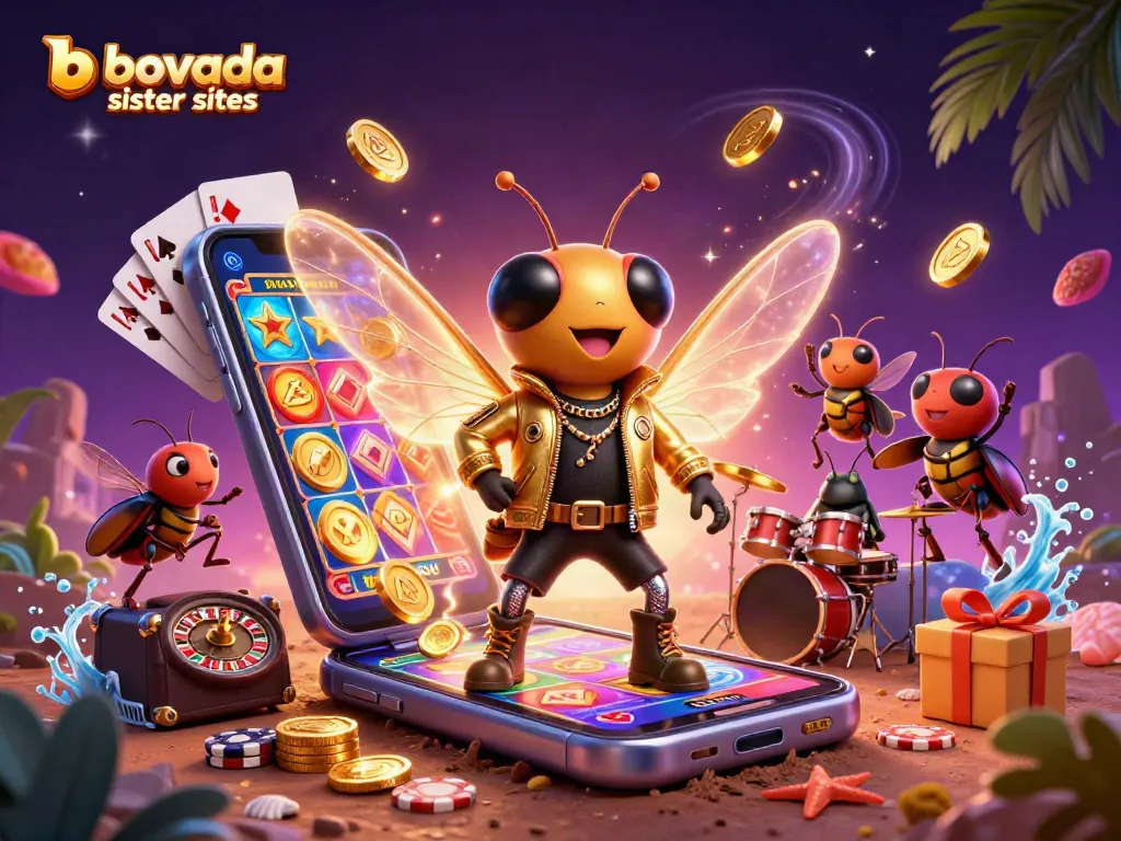 Engage with Bovada sister sites featuring a vibrant cicada rock star, colorful game elements, and rich casino ambiance.