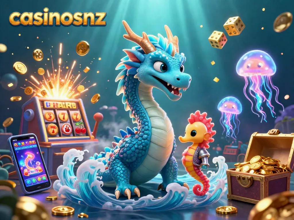 Engage with casinosnz with an enchanting underwater scene of a dragon, knight, and vibrant casino elements.