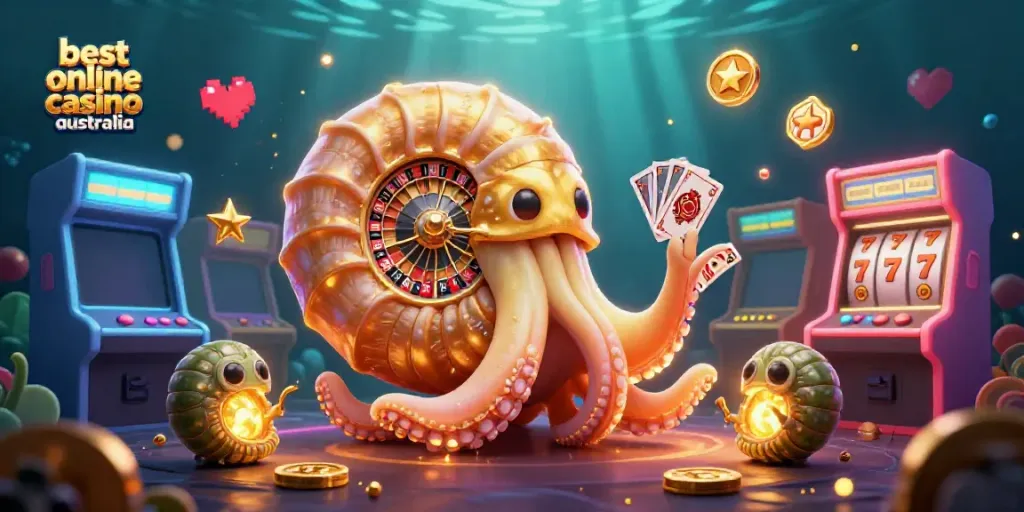 Engage with the best online casino Australia through a vibrant 3D illustration featuring a nautilus roulette wheel and arcade games.