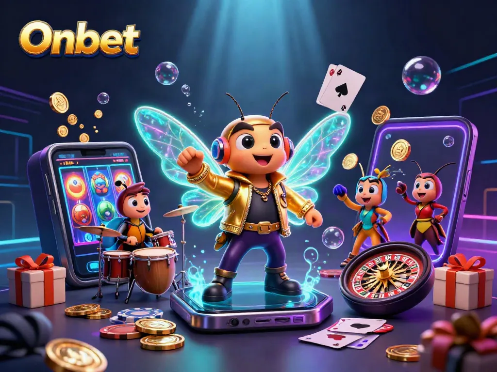 Engaging Onbet promotional scene featuring a 3D cicada rock star and casino elements, inviting players for action.