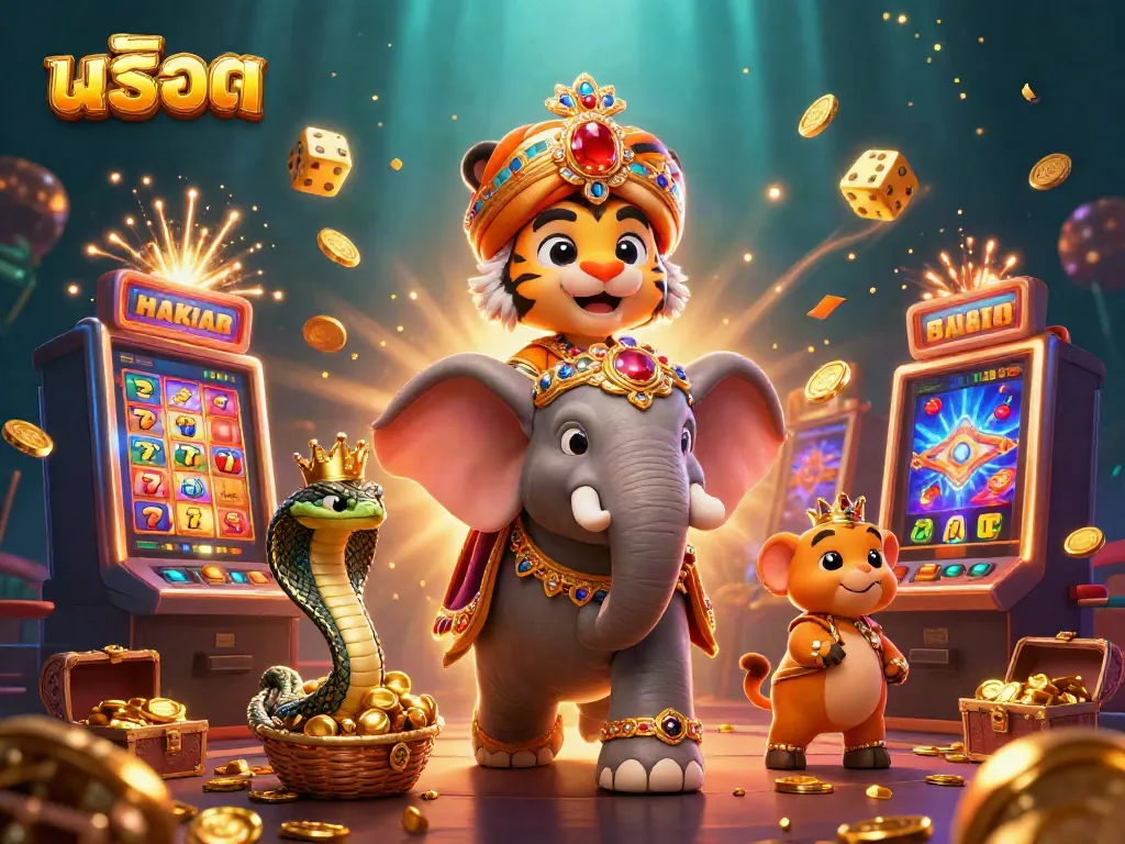 Experience สล็อต action with a vibrant 3D scene of a maharaja tiger, jewels, and slot machines bursting with gold.