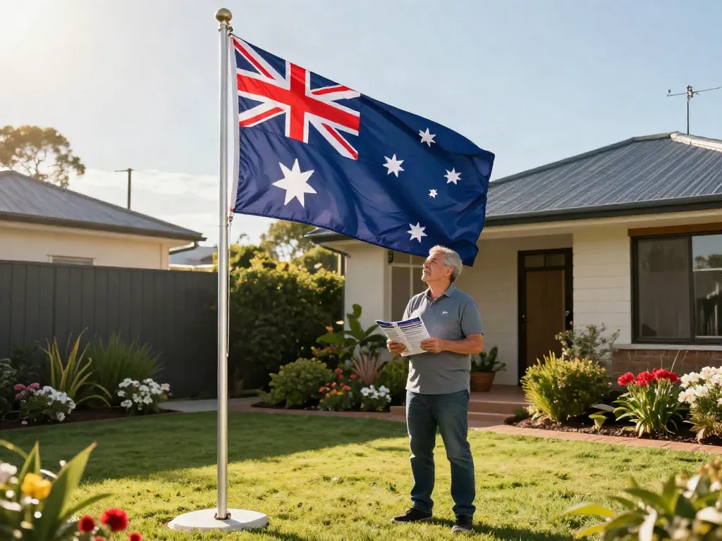 Flag pole kit Australia proudly displayed in a sunny backyard setting with a waving Australian flag.