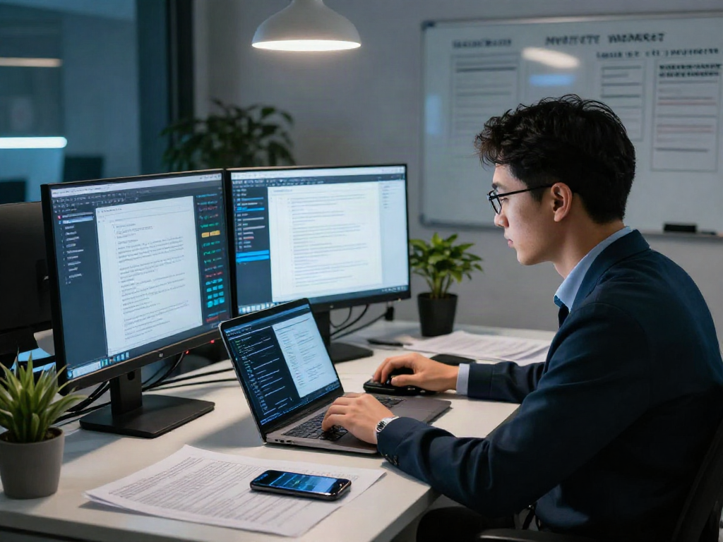 Security analyst conducting document fraud detection analysis at a high-tech workstation with multiple screens.
