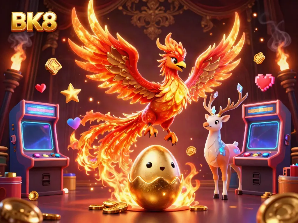 Experience thrilling gameplay with BK8's colorful phoenix illustration, depicting lively 3D casino elements.