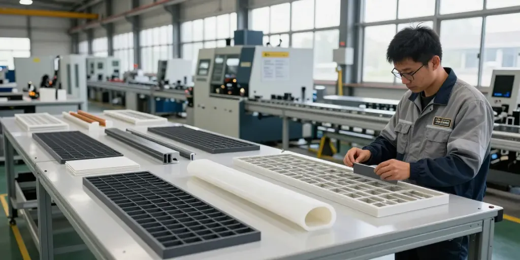 Engineered Composites technician inspecting GRP products in manufacturing facility, showcasing quality assurance.