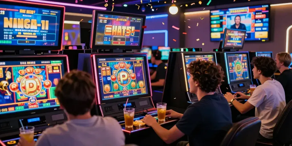 Excited player at Proplay88 celebrating a win, surrounded by vibrant slot graphics and live gaming interface.
