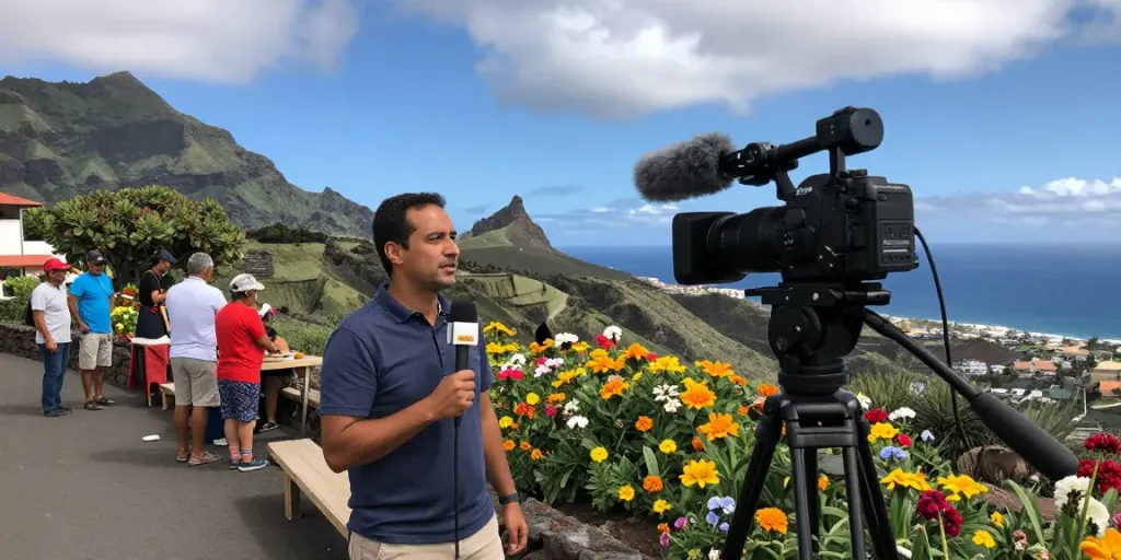 Canarian news journalist reporting live from a vibrant Canary Islands landscape.
