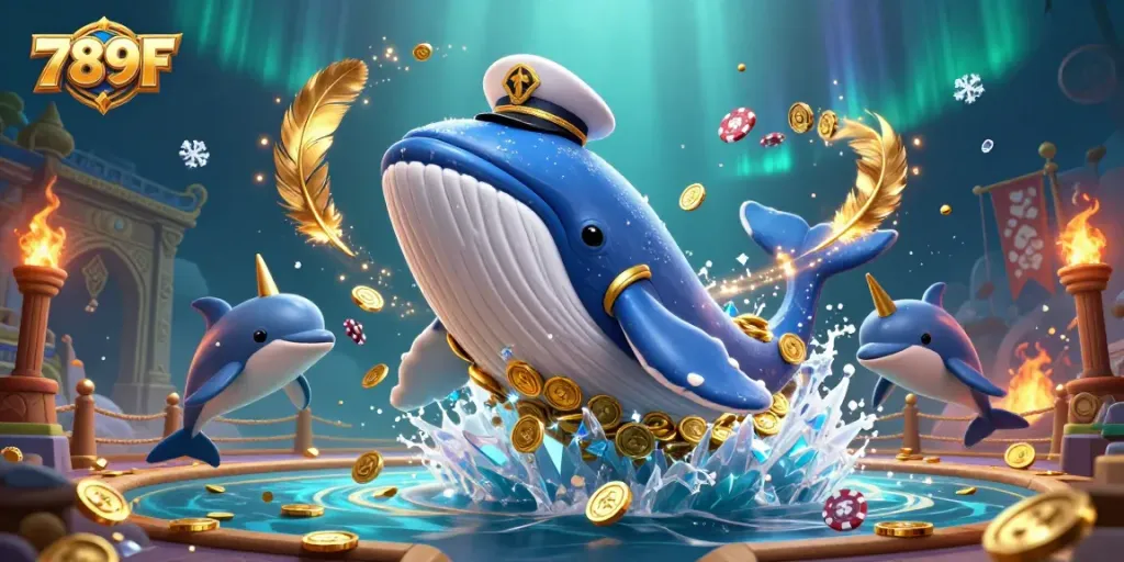 Experience unbeatable excitement with 789F's vibrant casino adventures featuring a whimsical whale and playful dolphins.
