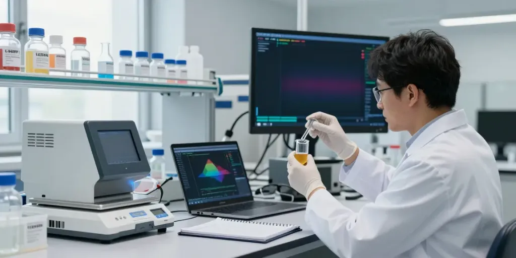 Researcher analyzing TESA IPA blend in a modern laboratory setting