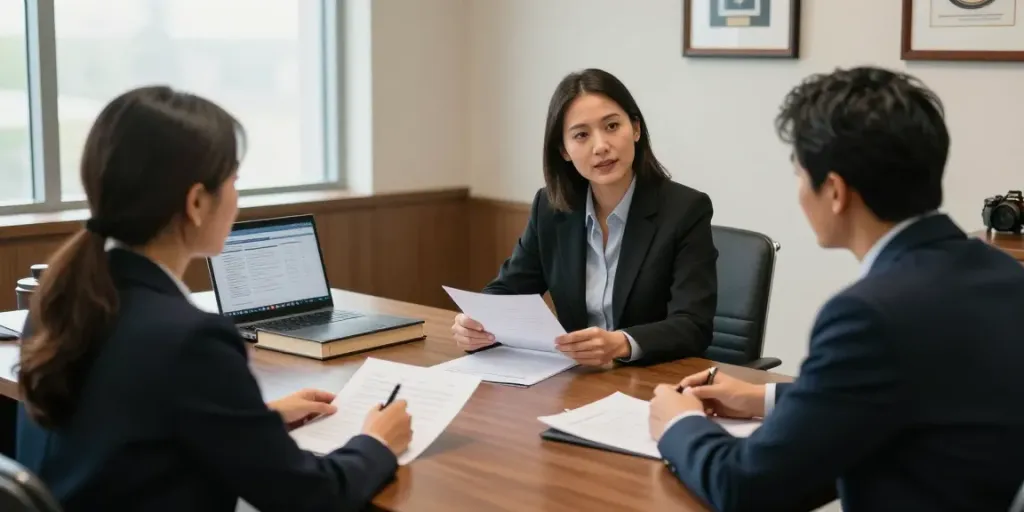 Find immigration attorney meeting with clients for legal advice in a professional office.