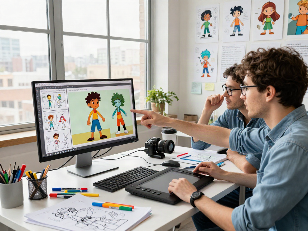 Character AI NSFW design collaboration in a vibrant digital art studio, showcasing lively discussions and character illustrations.