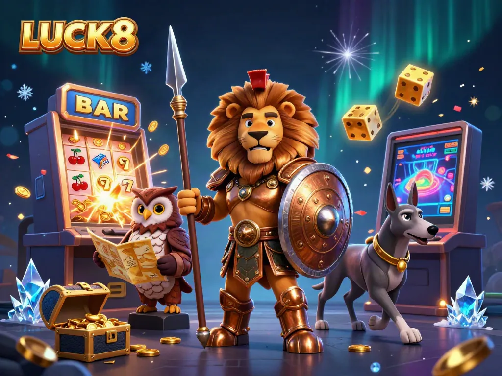 LUCK8 features a Spartan lion and friends celebrating a casino jackpot explosion.