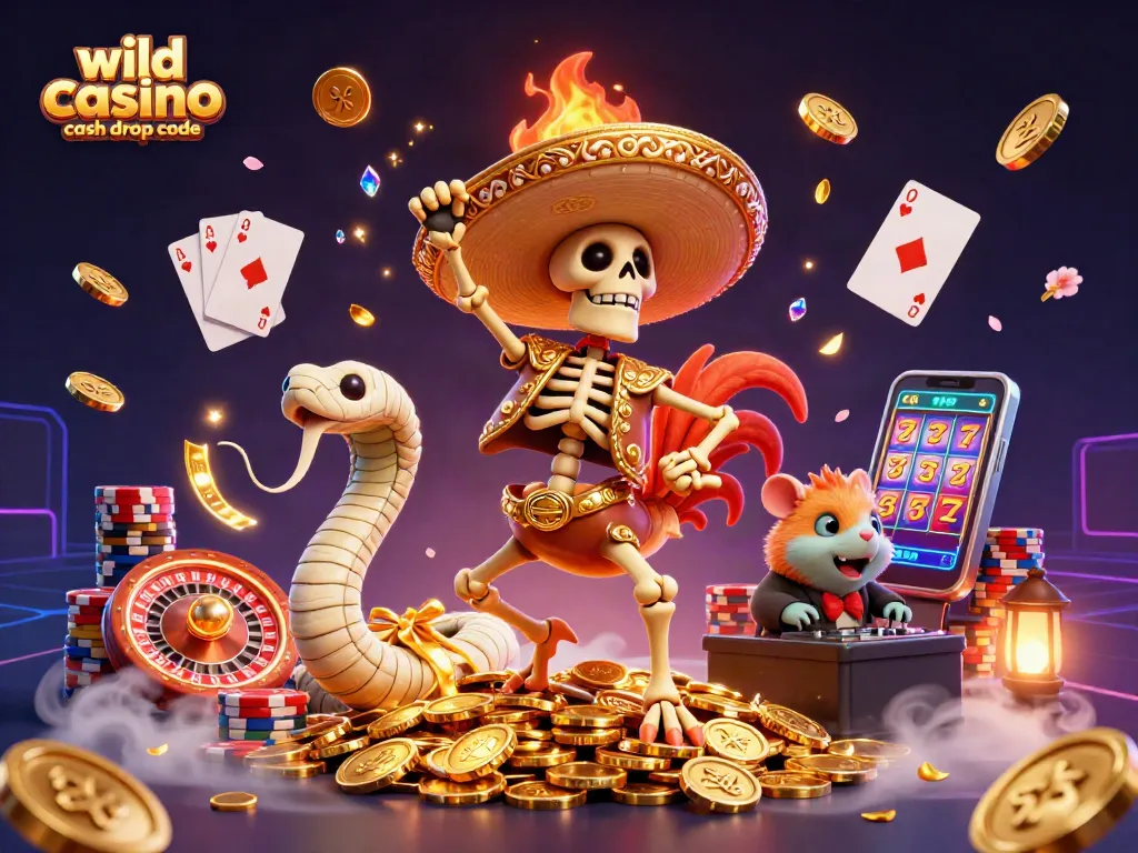 Celebrate with wild casino cash drop code amidst vibrant coins and jackpots in 3D illustration.