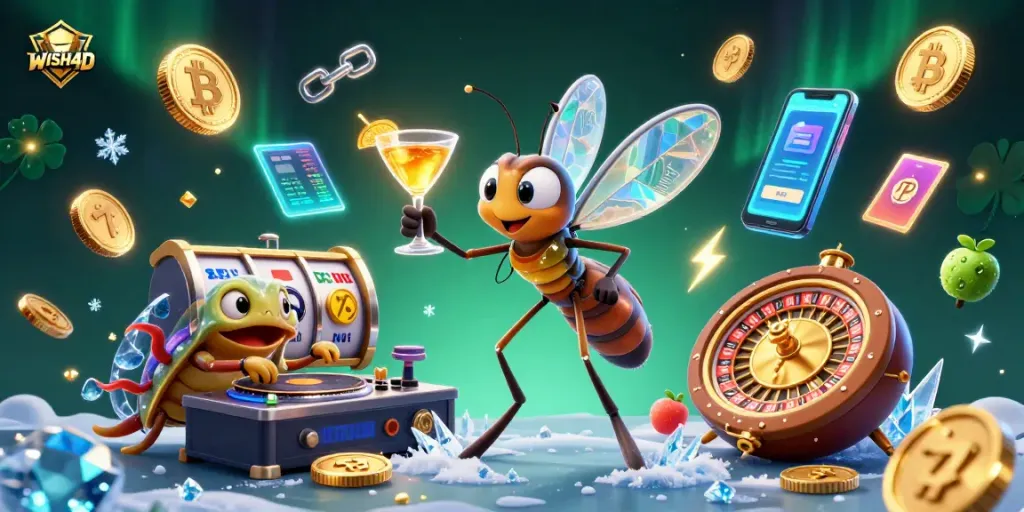 Experience thrilling gaming with WISH4D and vibrant 3D mascot illustrations showcasing exciting casino elements.