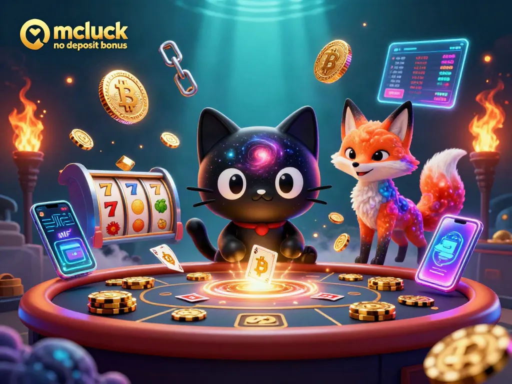Experience the mcluck no deposit bonus with vibrant cosmic casino characters, slot reels, and glowing coins.