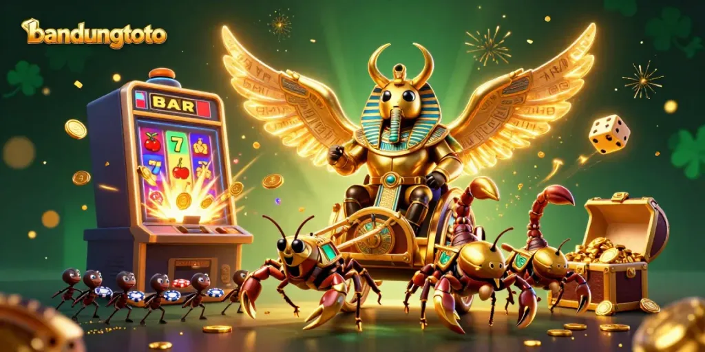 Experience the exciting bandungtoto world with a vibrant casino scene featuring golden scarabs and a jackpot.