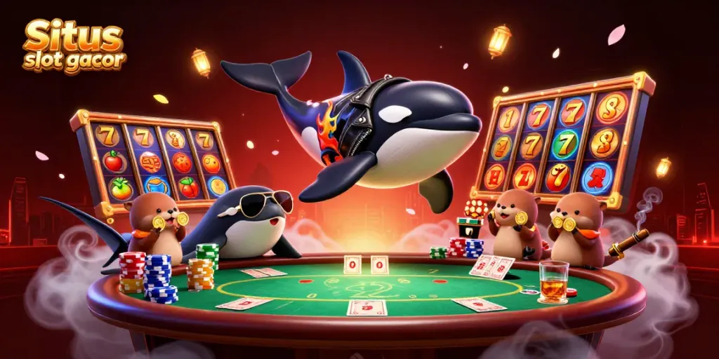 Experience Situs slot gacor with vibrant characters enjoying slots, poker, and golden coins
