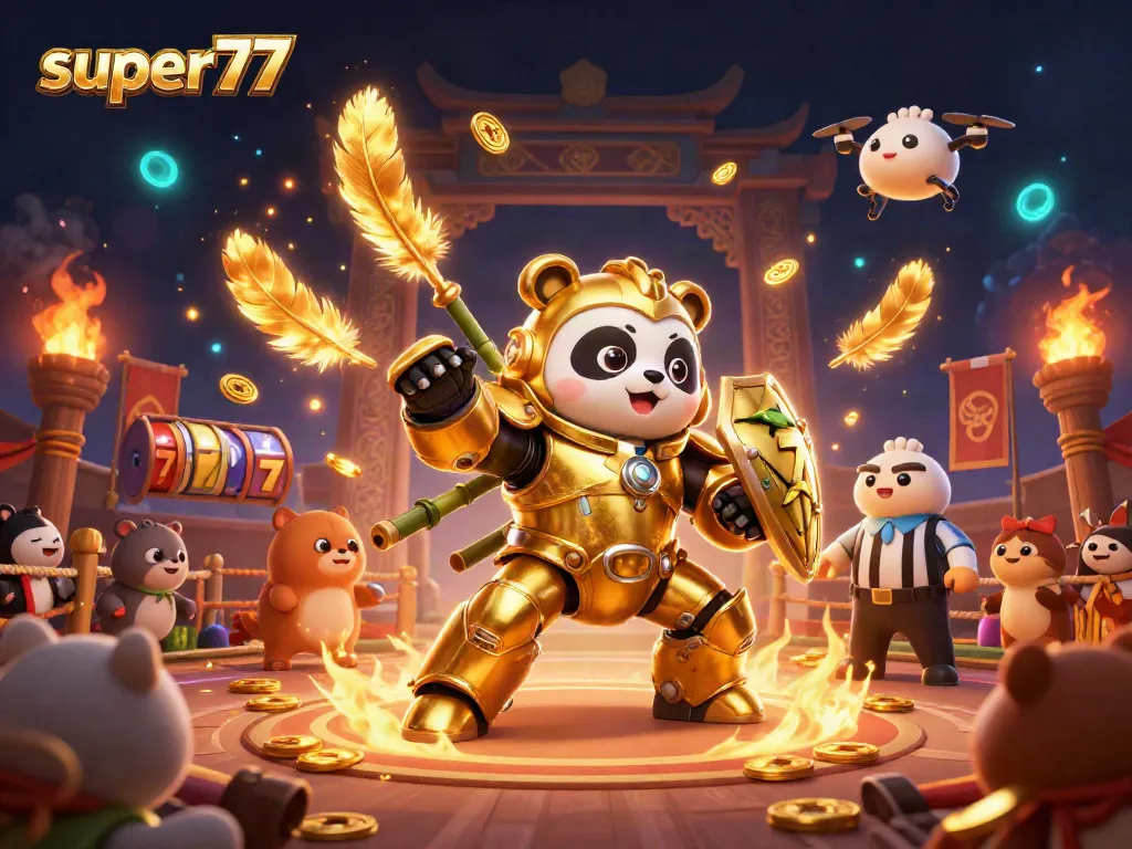 Experience thrilling action with super77-themed slot games featuring a golden panda mech-suit in a dynamic arena.
