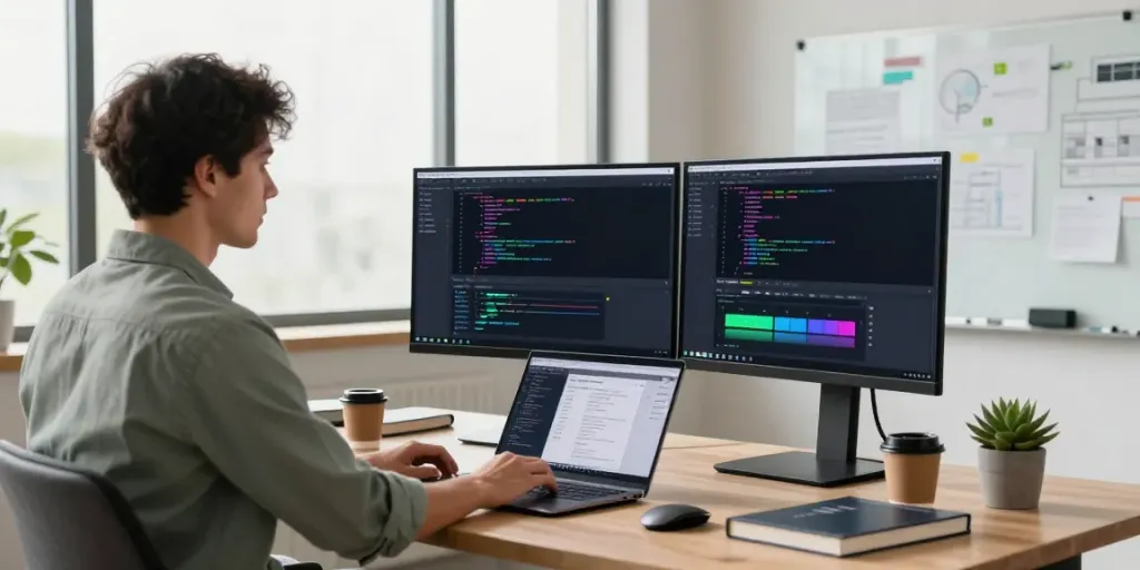 Developer utilizing a unified LLM API in a modern workspace with dual monitors and tech tools.