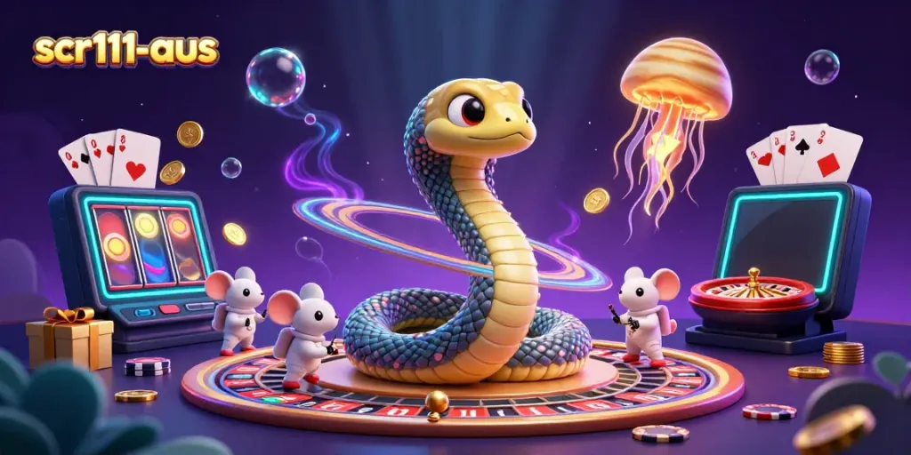 Experience thrilling gameplay at scr111-aus with a cosmic dealer and animated gambling elements.