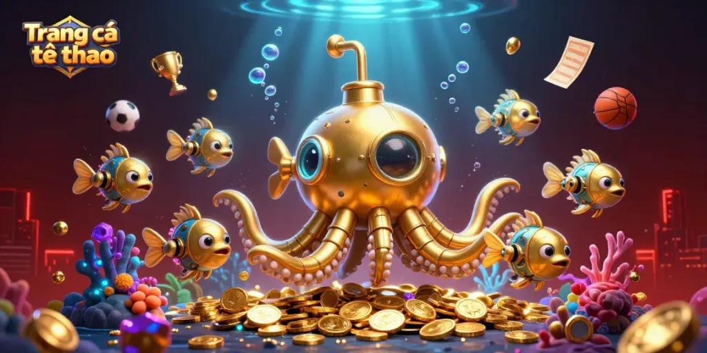Join the adventure of Trang cá cược thể thao as a golden kraken submarine surfaces in a sea of gold.