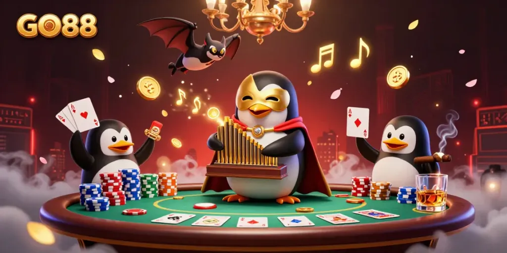 Engage in thrilling gaming at GO88 with a phantom opera penguin character and lively casino elements.