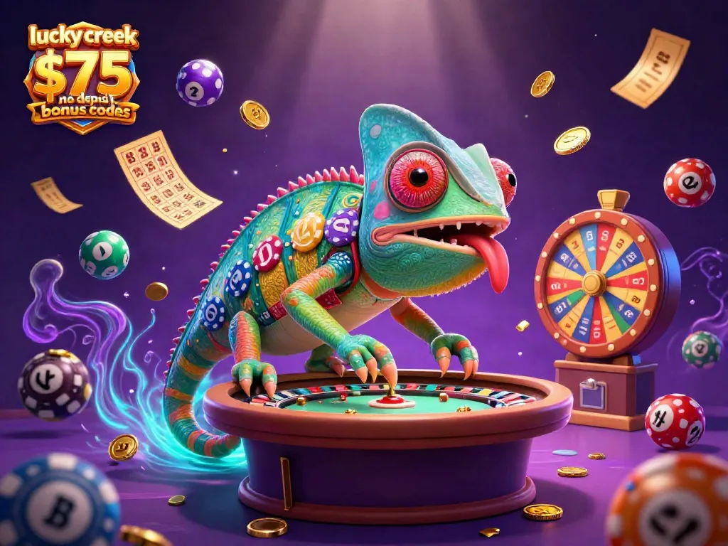 Engage with lucky creek $75 no deposit bonus codes through vibrant casino-themed illustration showcasing lively casino elements.