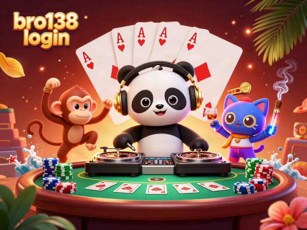 Engage with bro138 login through dynamic casino action featuring a DJ panda, dancing monkey, and glow-stick kitten.