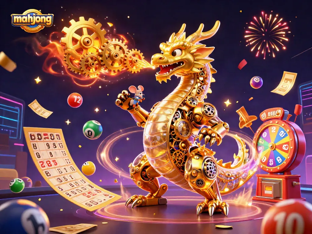 Experience mahjong excitement with a vibrant 3D illustration featuring a dragon, lottery elements, and festive confetti.