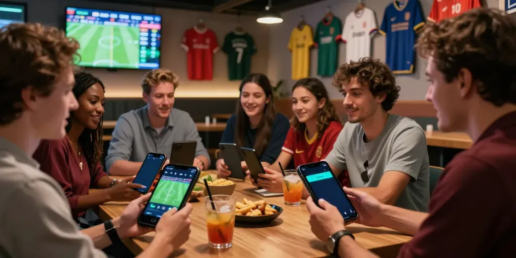 High-energy sports lounge scene depicting WWBOLA users engaged in live betting.
