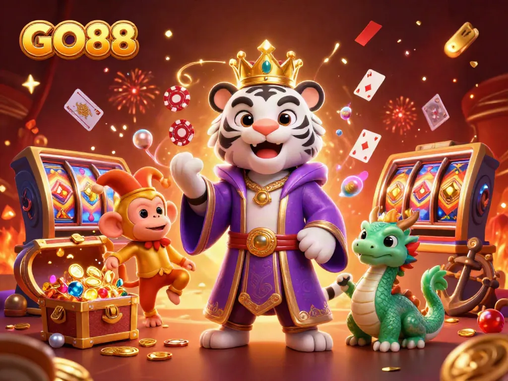 Engage with the GO88 casino scene featuring a majestic white tiger, monkey juggling chips, and a jade dragon, all in vibrant atmosphere.