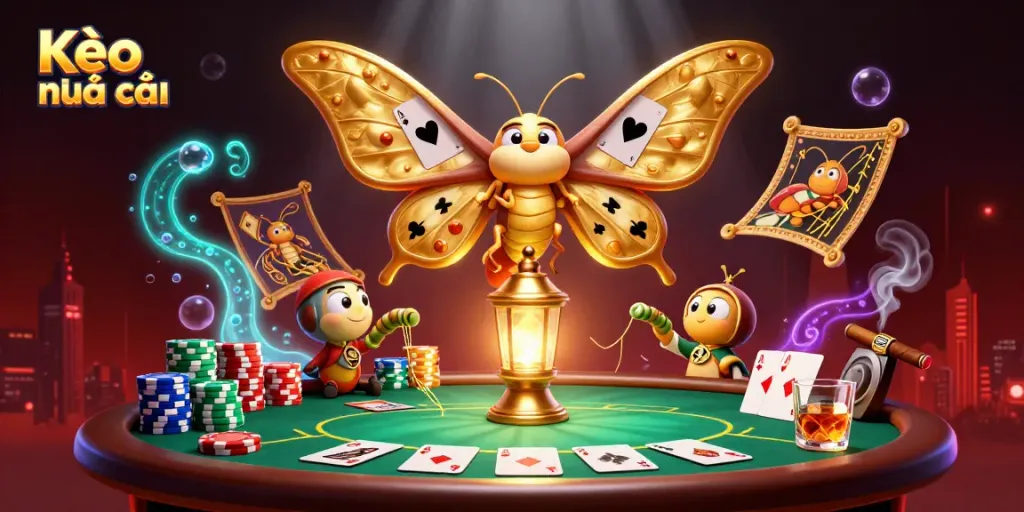 Experience Kèo nhà cái action with a vibrant 3D scene of a golden moth and casino elements.