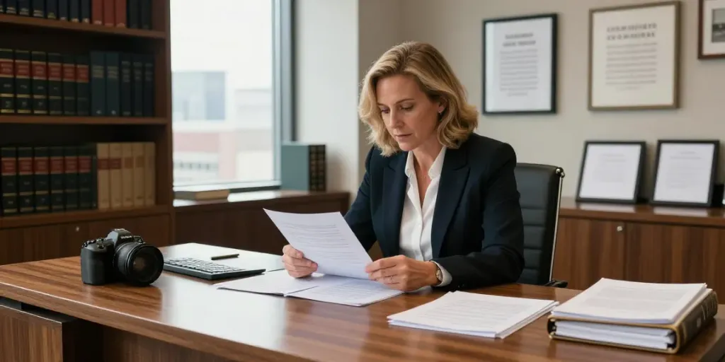 Karen McCleave attorney reviewing legal documents in a modern office setting, showcasing her professional expertise.