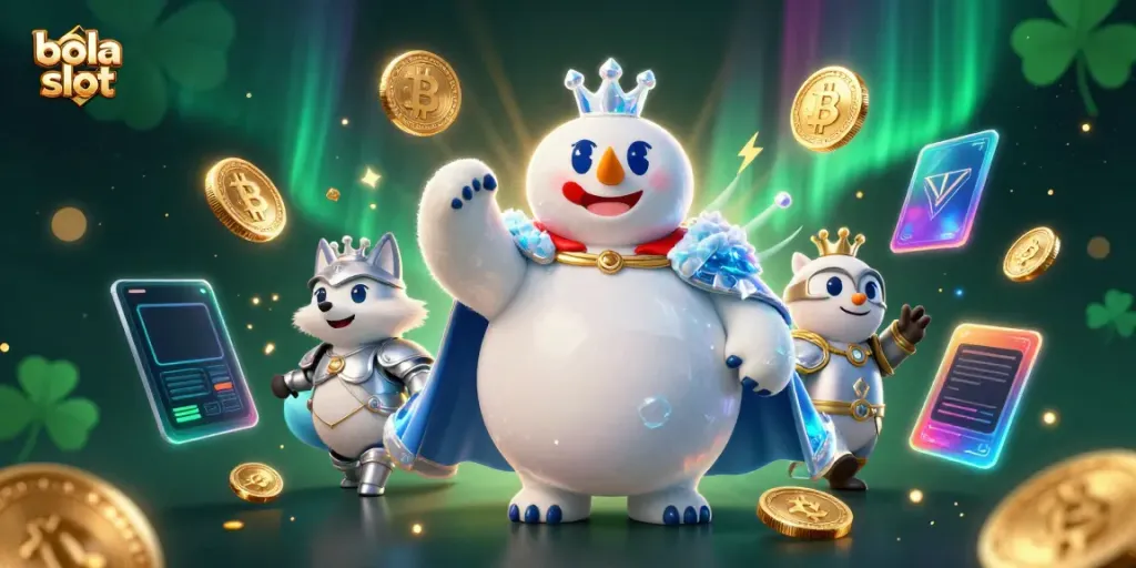 Experience the excitement of bola slot with animated characters and crypto elements.