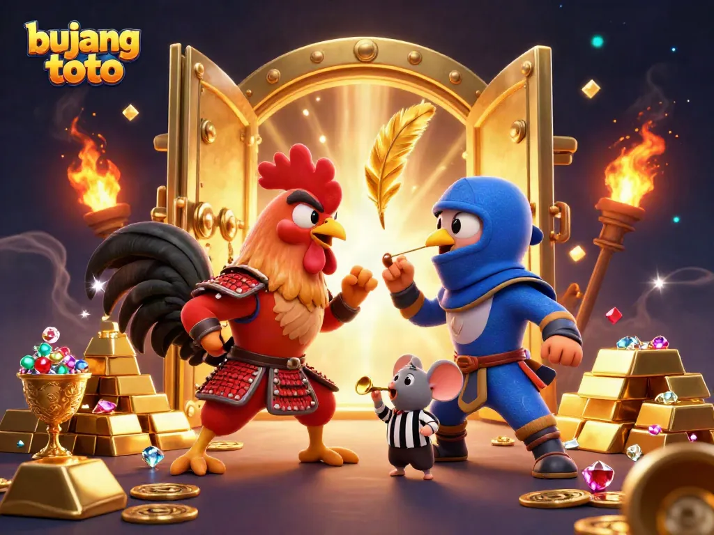 Watch twin roosters in samurai and ninja styles battle for the bujang toto jackpot in a vibrant casino scene.