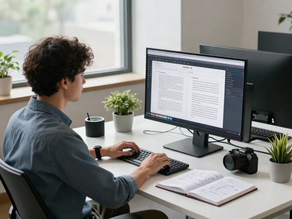 AI Detector tool in a modern tech workspace analyzing AI-generated content with vibrant office setting.
