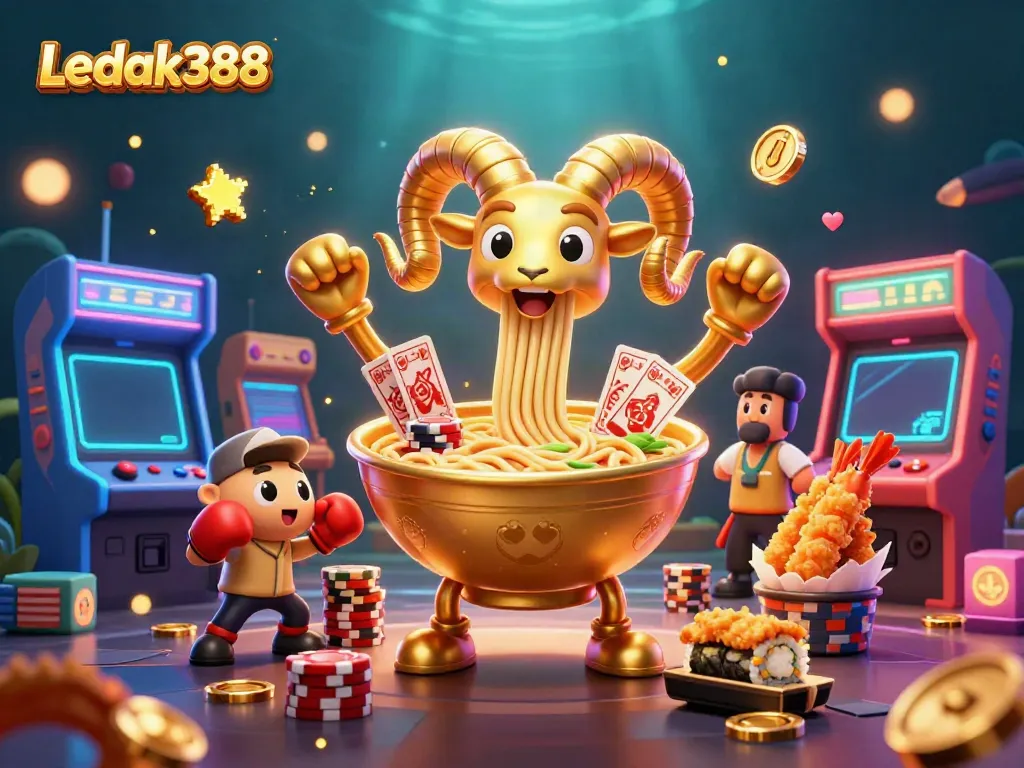 Engage in thrilling games at Ledak388, featuring colorful casino elements in a dynamic scene.