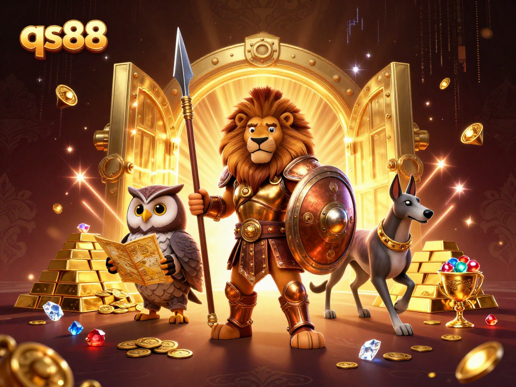 Experience qs88 with a thrilling 3D illustration showcasing a lion, owl, and greyhound in a vibrant casino setting.