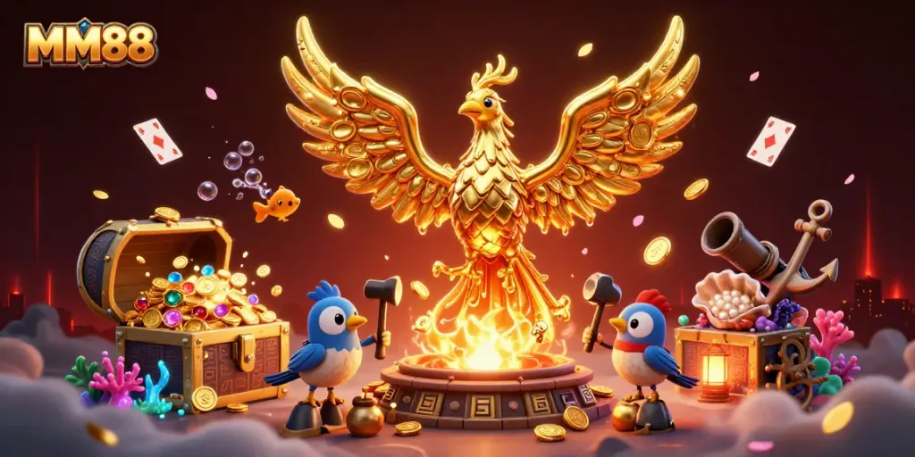 Experience MM88's vibrant gaming world featuring a molten golden phoenix and treasure-filled underwater scene.