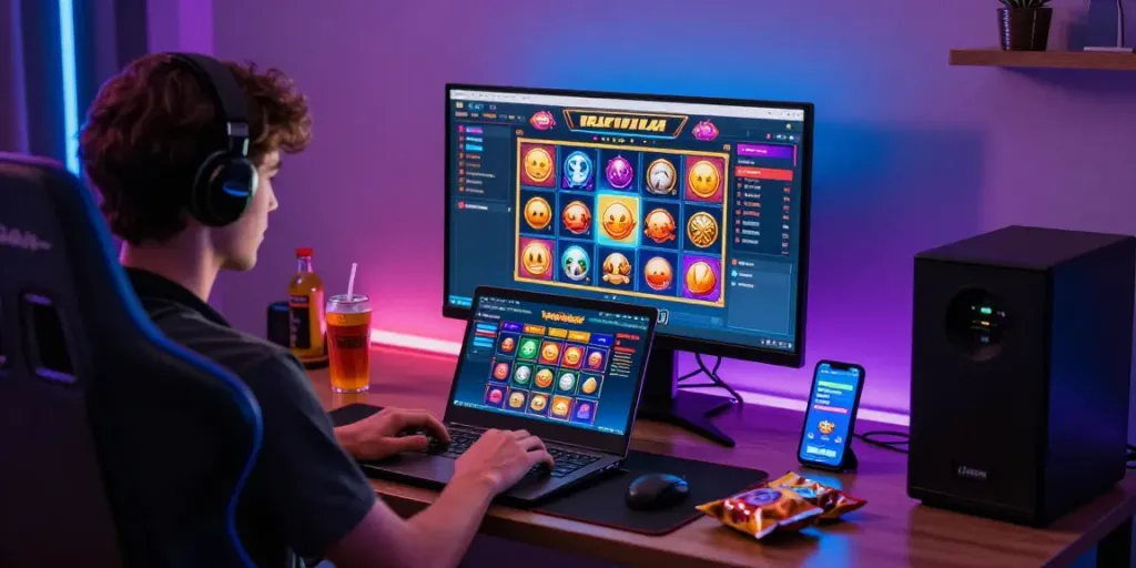 Engaging online gaming experience with bigdewa at home, player enjoying a vibrant casino atmosphere.