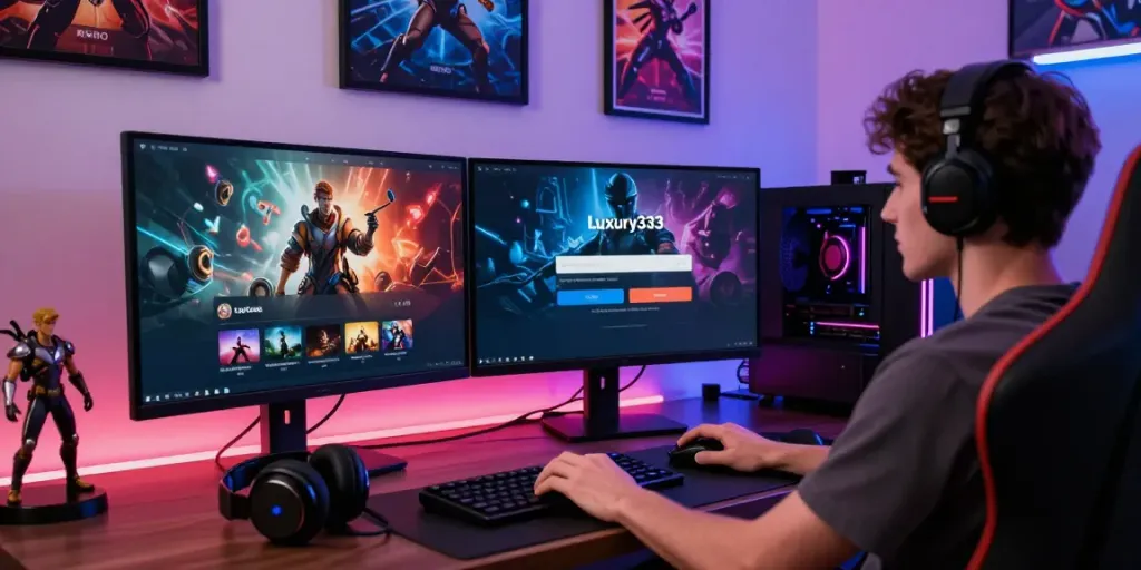 User interacting with the Luxury333 login interface on a gaming setup, showcasing vibrant graphics and accessories.