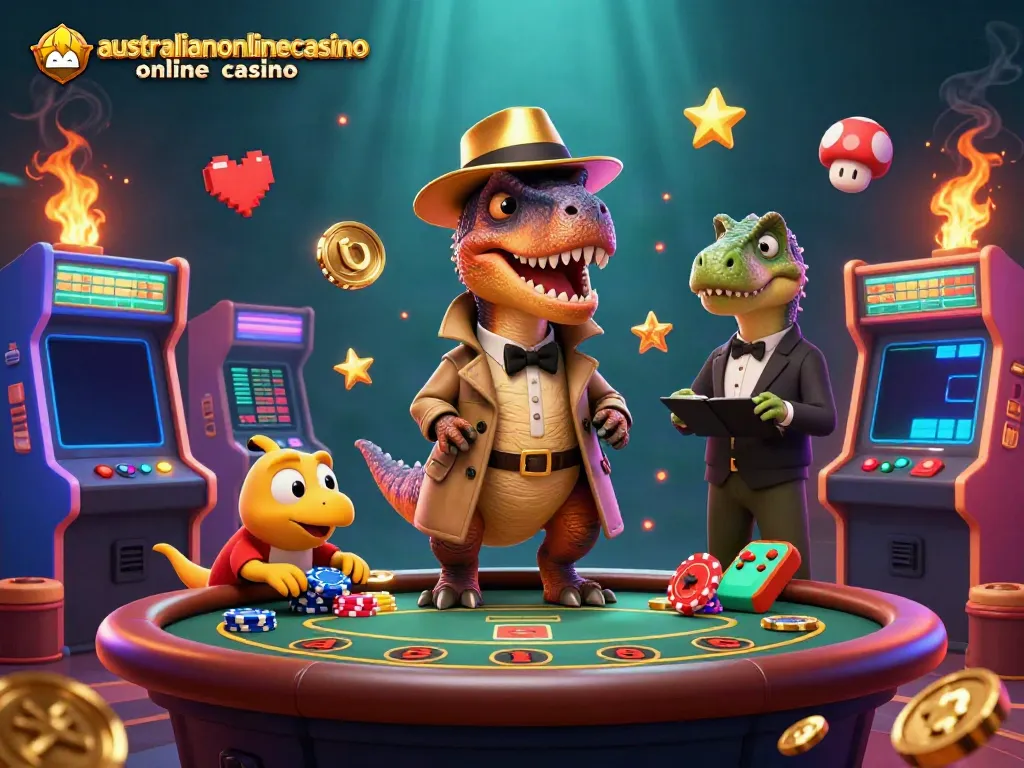 Australianonlinecasino online casino showcases a velociraptor card counter at a blackjack table.