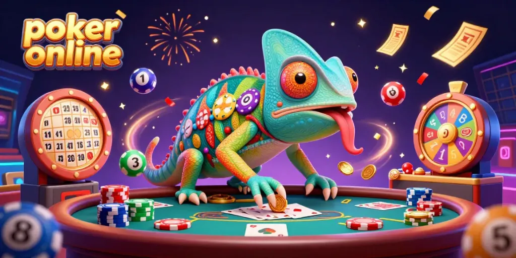 Engaging poker online scene featuring a vibrant chameleon casino owner surrounded by colorful game elements.