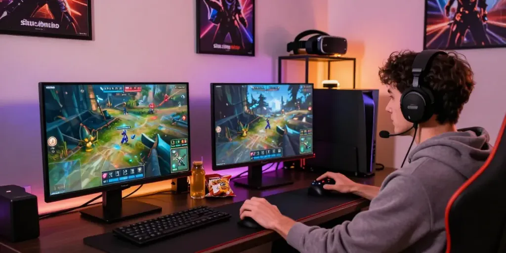 Immersive gaming scene showcasing situs singatoto with a player at dual-monitor setup.