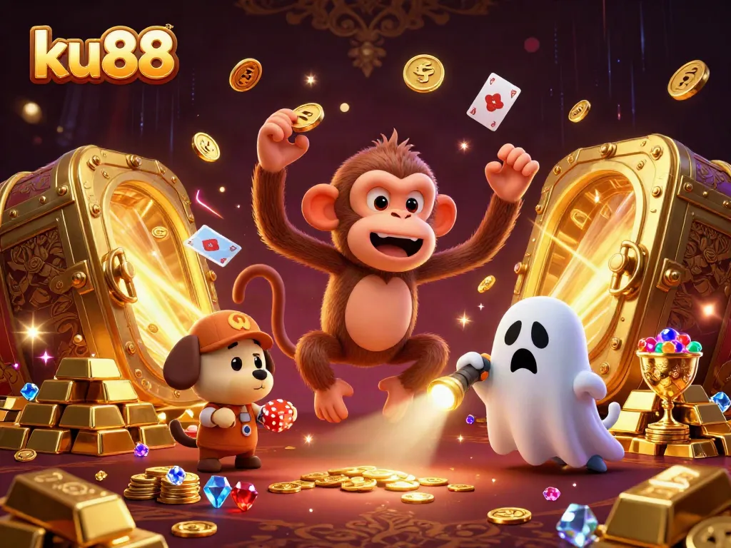 Experience excitement at ku88 with a playful poltergeist monkey juggling gold in a haunted casino