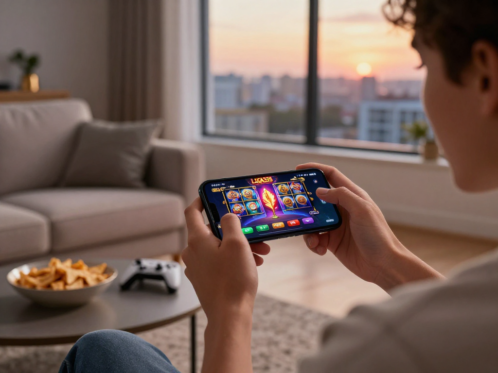 Pengguna menikmati aplikasi igo 335 di smartphone, menunjukkan grafis permainan slot yang hidup di ruang tamu yang nyaman.