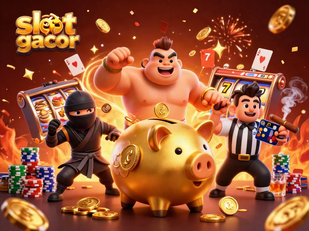 Slot online gacor excitement with a golden piggy bank sumo wrestler and colorful slot reels in action.
