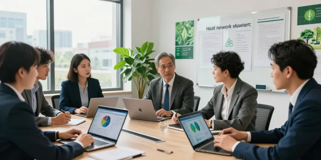 Team collaboration on heat network regulations in a sustainable energy consultancy.
